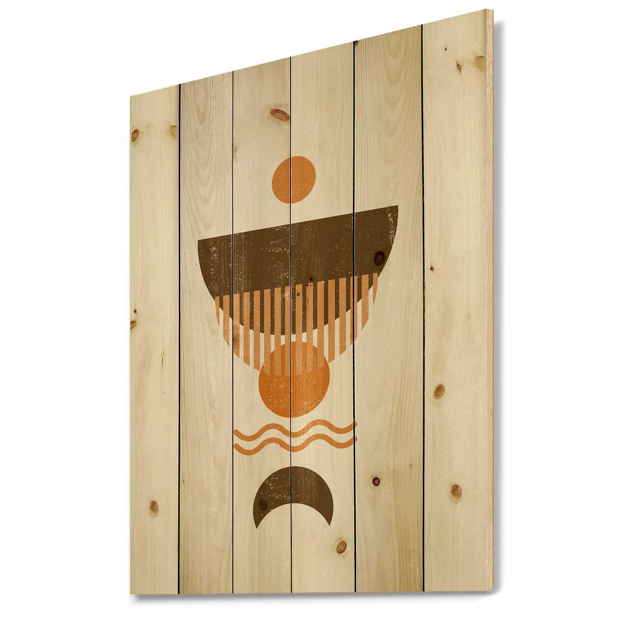 Designart - Abstract Minimal Orange Sun and Brown Moon - Modern Print on Natural Pine Wood